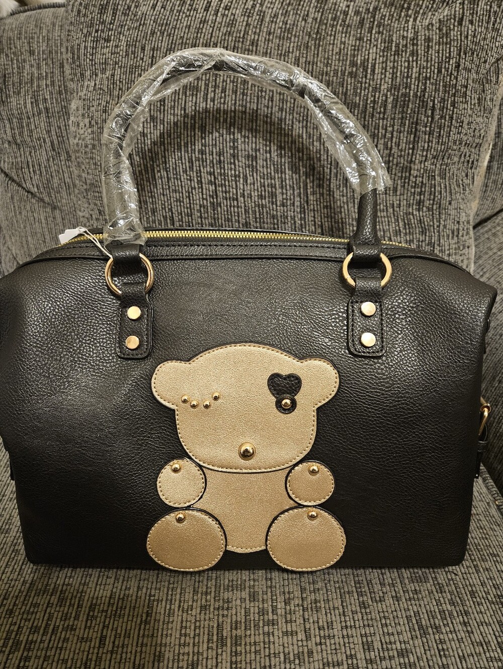 Black Teddy Bear Satchel Bag Gold Hardware Kawaii